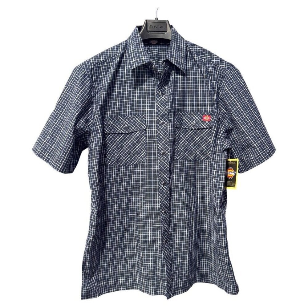 nwt Dickies Blue Plaid Short Sleeve Button Up Shirt Size L